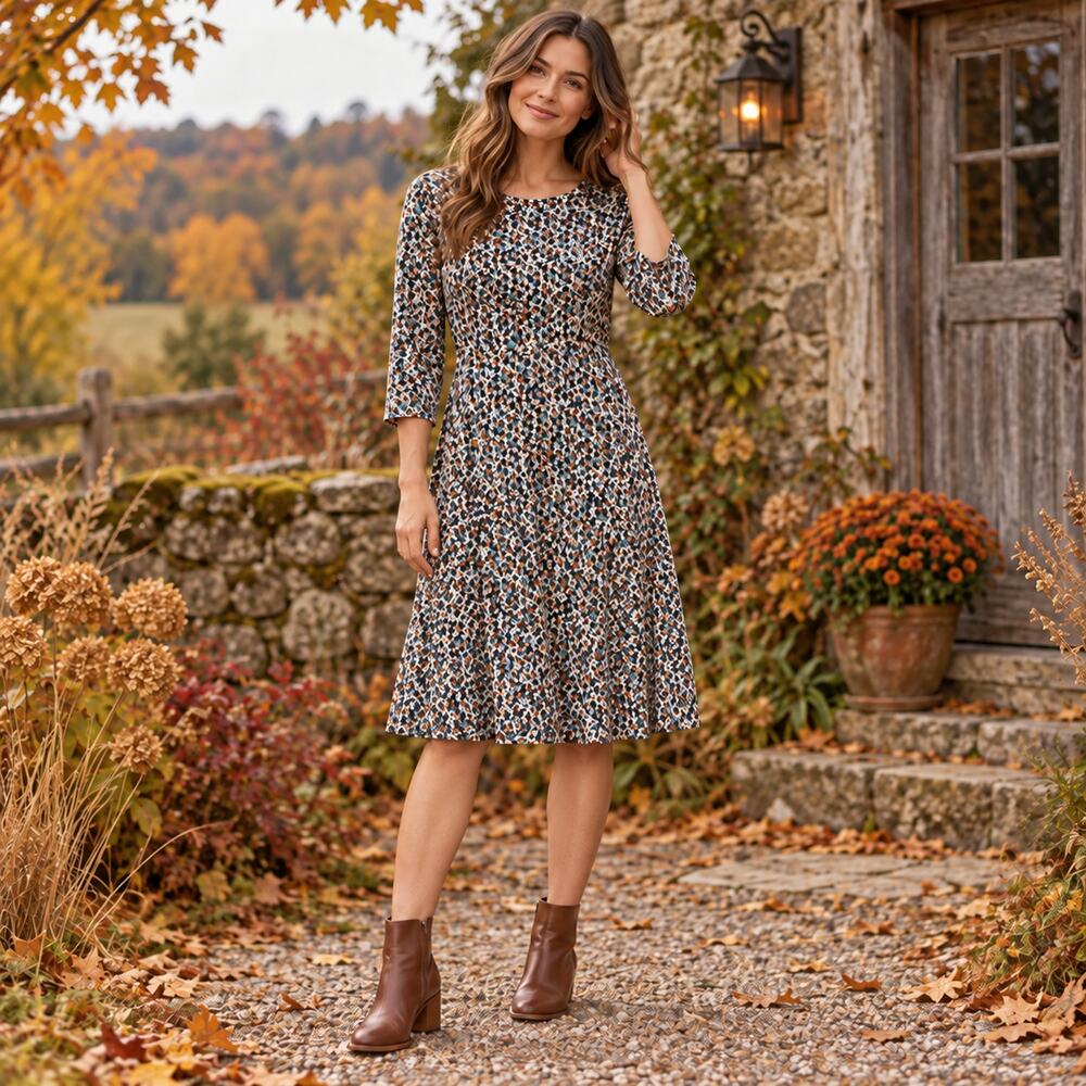 Loft Ditsy Floral Midi Dress Sz 4 Cottagecore Boho Fall Artsy Office 3/4 Sleeve